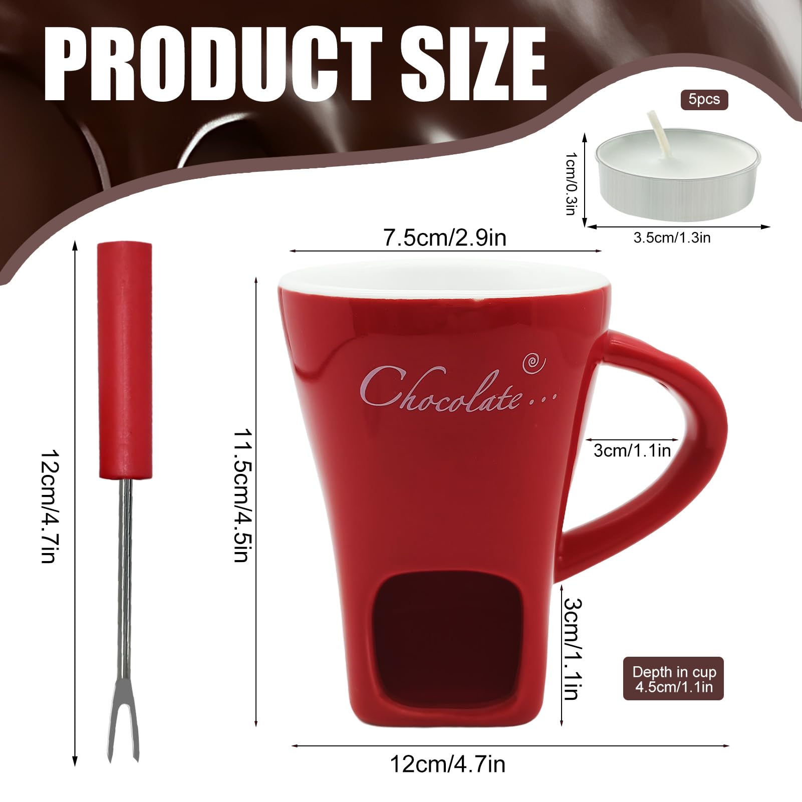 Tazza per Fonduta di Cioccolato in Ceramica 200 ML Rosso con Forchetta e Lumino