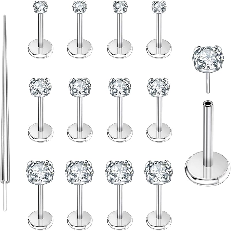 PunkTracker 13Pcs 20G/18G/16G Gold Flat Back Earrings Stud | 316L Surgical Stainless Steel Threadless Push in Nose Stud Tragus Helix Lip Medusa Piercing Jewelry