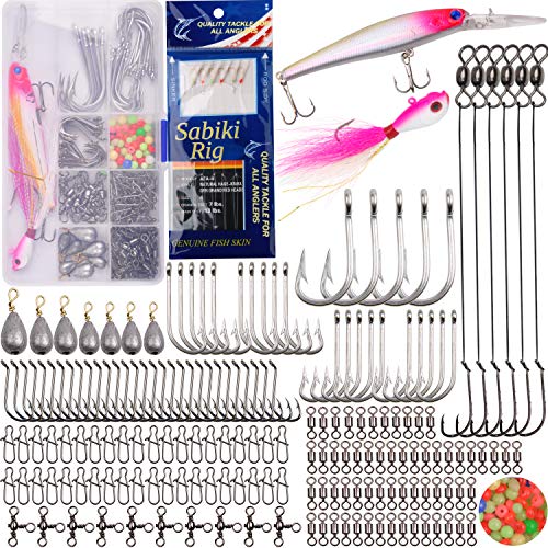 226pcs Saltwater Fishing Lures Surf Fishing Tackle Kit - Fishing Bait Rigs Fishing Hooks, Minnow, Bucktail Jig, Fishing Sinkers Weights, Fishing Swivel Snap Beads Fishing Tackle