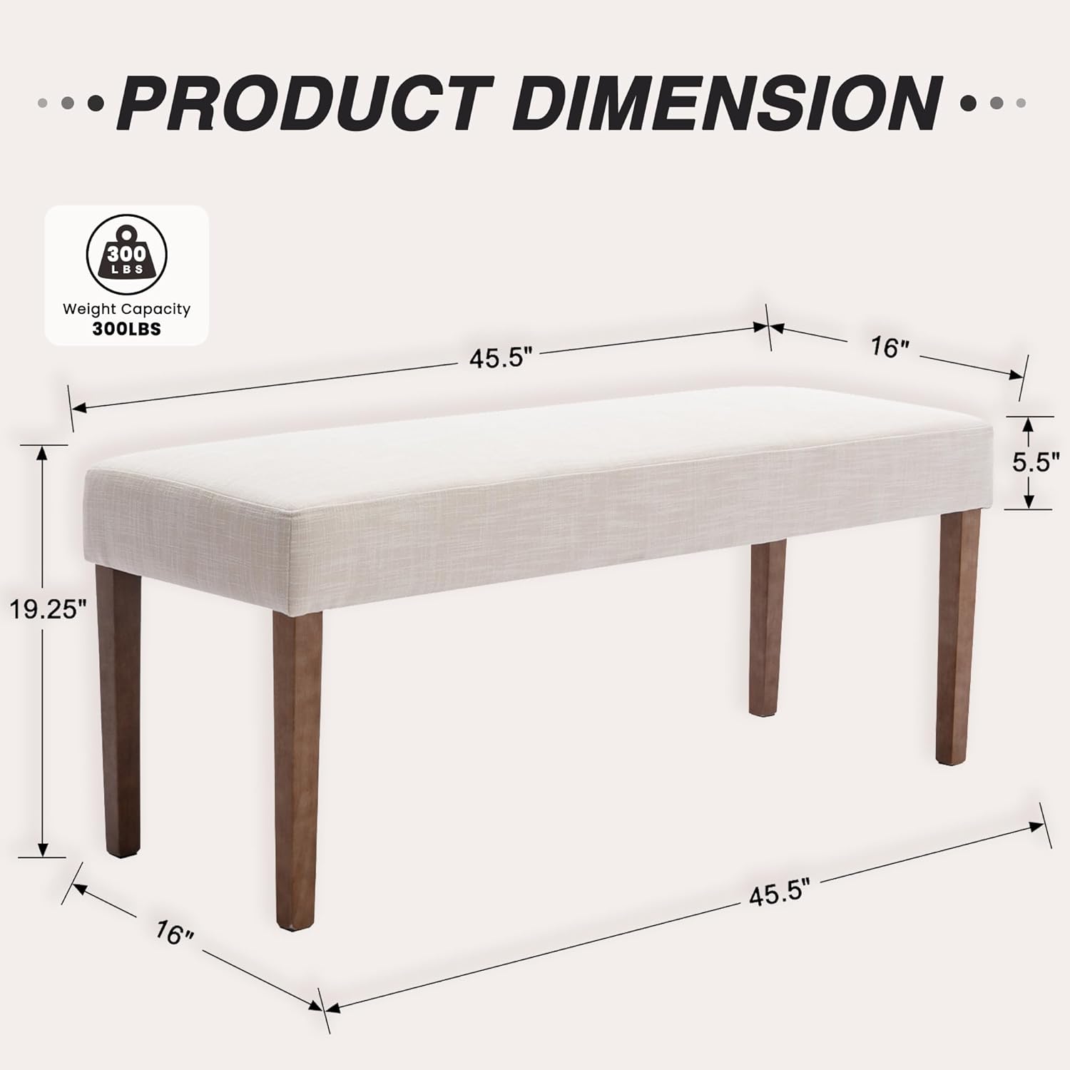 HNY Farmhouse Upholstered Dining Bench Seat, 45" Linen Entryway Bench with Natural Wood Legs, Mid Century Modern End of Bed Bench for Kitchen Bedroom Living Room Hallway, for 2-3 Person, Beige