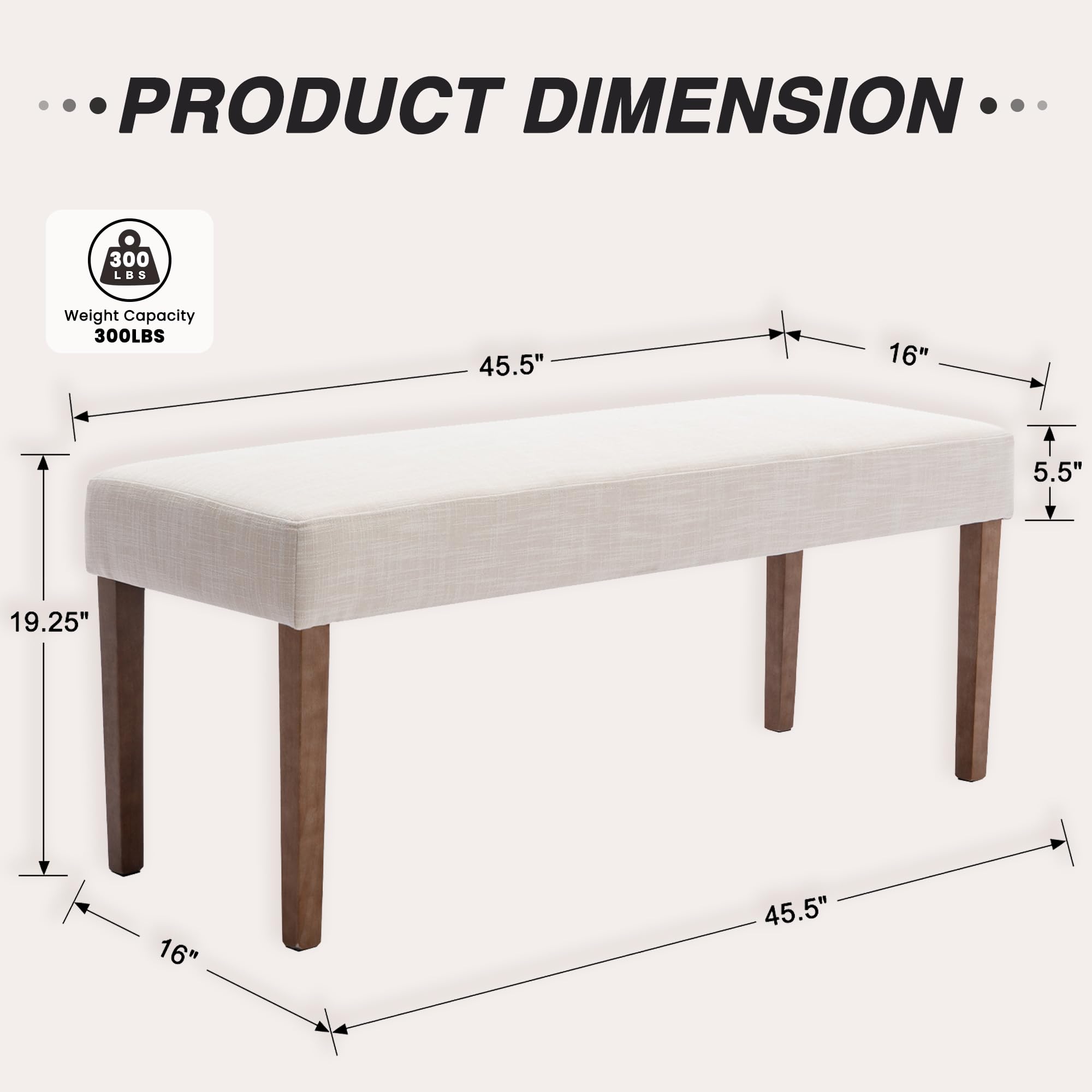 HNY Farmhouse Upholstered Dining Bench Seat, 45" Linen Entryway Bench with Natural Wood Legs, Mid Century Modern End of Bed Bench for Kitchen Bedroom Living Room Hallway, for 2-3 Person, Beige