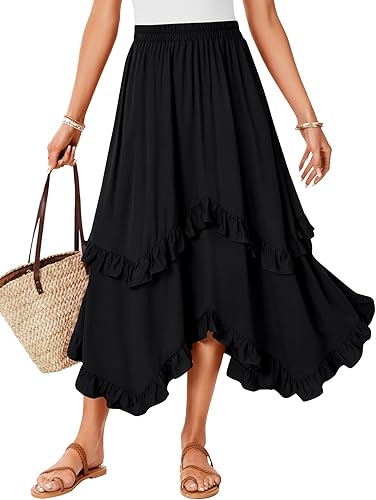 KIFOVEN Women's High Waisted Tiered Ruffle Skirt Boho Western Flowy A-Line Maxi 