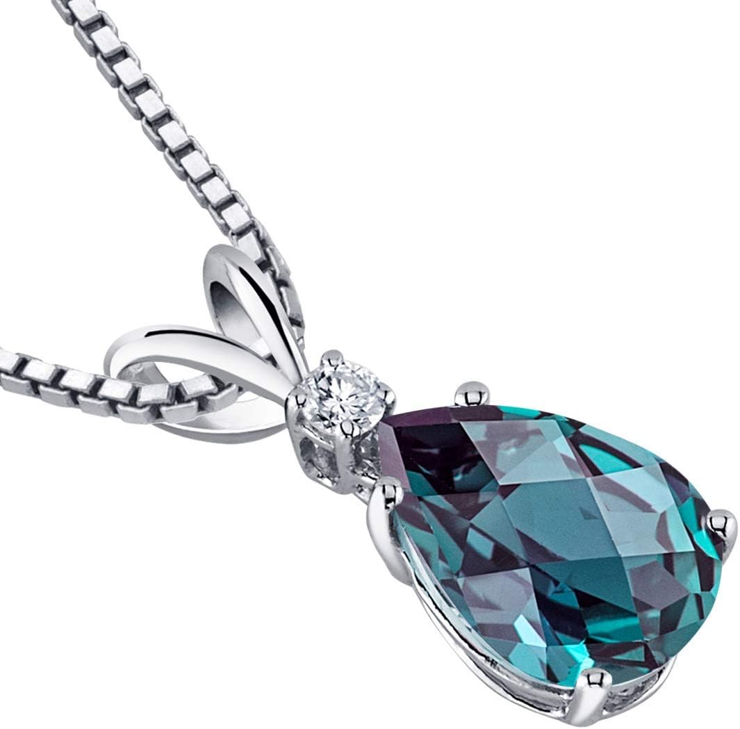 PEORA 14K White Gold Created Alexandrite Pendant and Earrings - Pear Shaped - Diamond Accented Pendant 2.55 Carats Stud Earrings 1.75 Carats