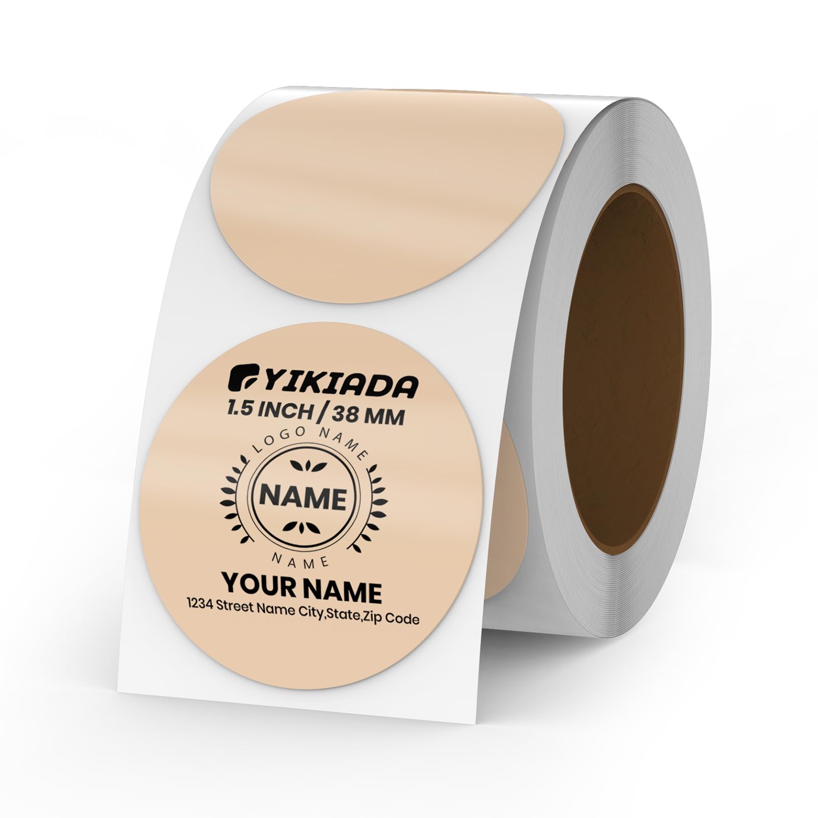YIKIADA Khaki Circle Thermal Labels Vinyl 1.5 Inch Self-Adhesive Round Stickers Roll Waterproof Printer Decals Name Tag for QR Code DIY Office Address
