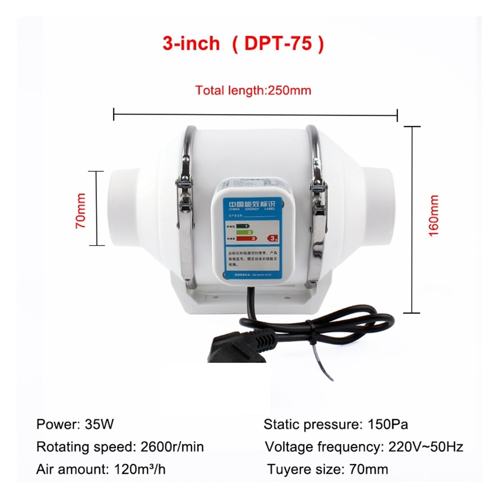 Ventilador de Escape, Extractores De Aire De 3/4 Pulgadas, Ventilador De Conducto De Tubería En Línea Silencioso, Extractor De Aire, Ventilador De Limpieza For Pared De Inodoro Y Cocina(75mm outlet)