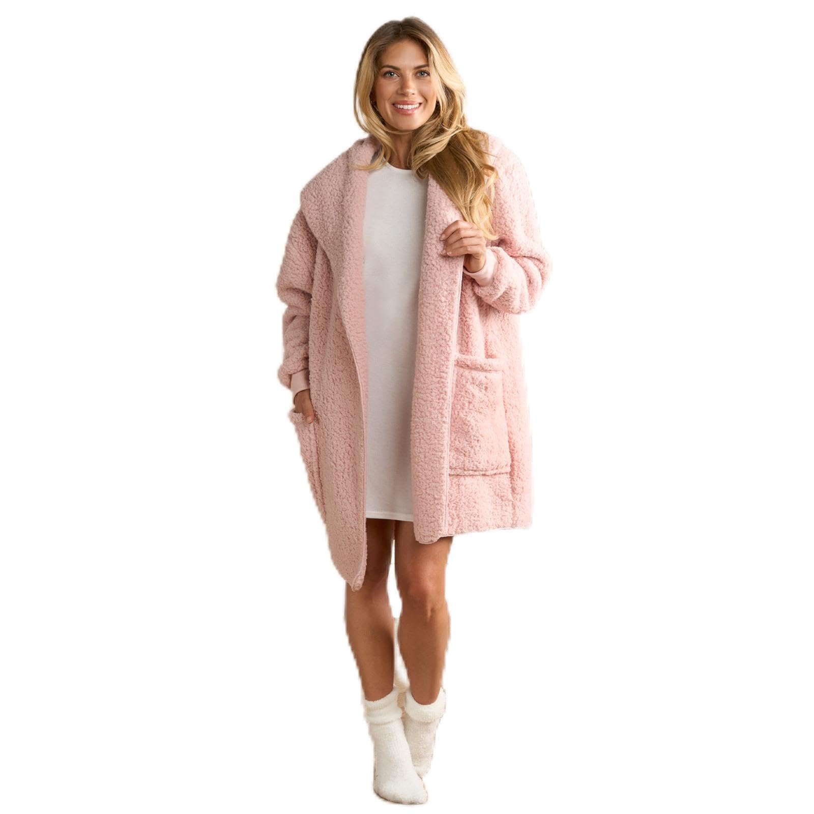 Ohs Women's Blush Pink Cardigan Mothers Day Gifts Super Soft Warm Teddy Fleece Jacket Wrap Style Long Sleeve Fleece With Pockets Cardigan Coat For Casual Wear Or Lounging, S/M