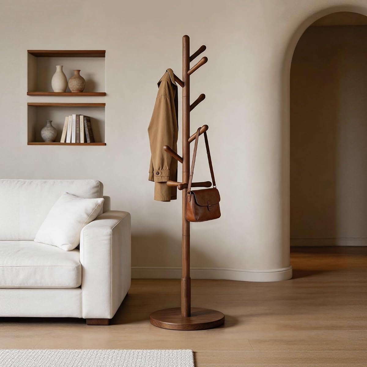 Perchero de madera maciza independiente con 9 ganchos - Perchero de madera para entrada, dormitorio, sala de estar, pasillo para abrigos, bolsos, sombreros (nogal)
