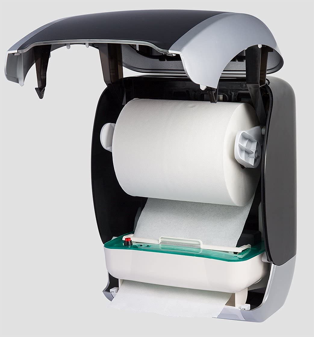 Dispensador de toallas de alta calidad para toallas de papel con función de sensor y funcionamiento con batería o alimentación, incluidos 6 rollos de toallas de papel (rojo/blanco)