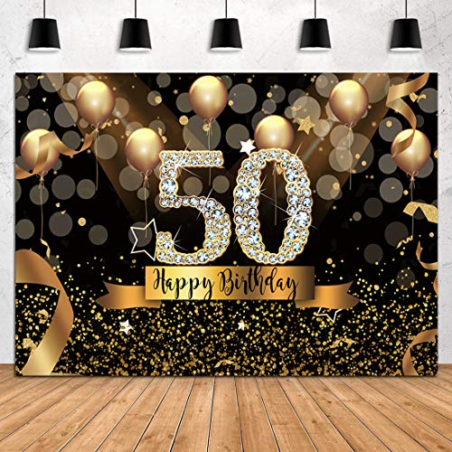 Sensfun 10x8ft Happy 50th Birthday Party Photography Backdrop Glitter Black and Gold Balloons Background for Woman Fabulous 50 Bday Party Decorations Shining Diamond Fifty Years Old Photo Banner by sensfun - Used condition - US$28.58