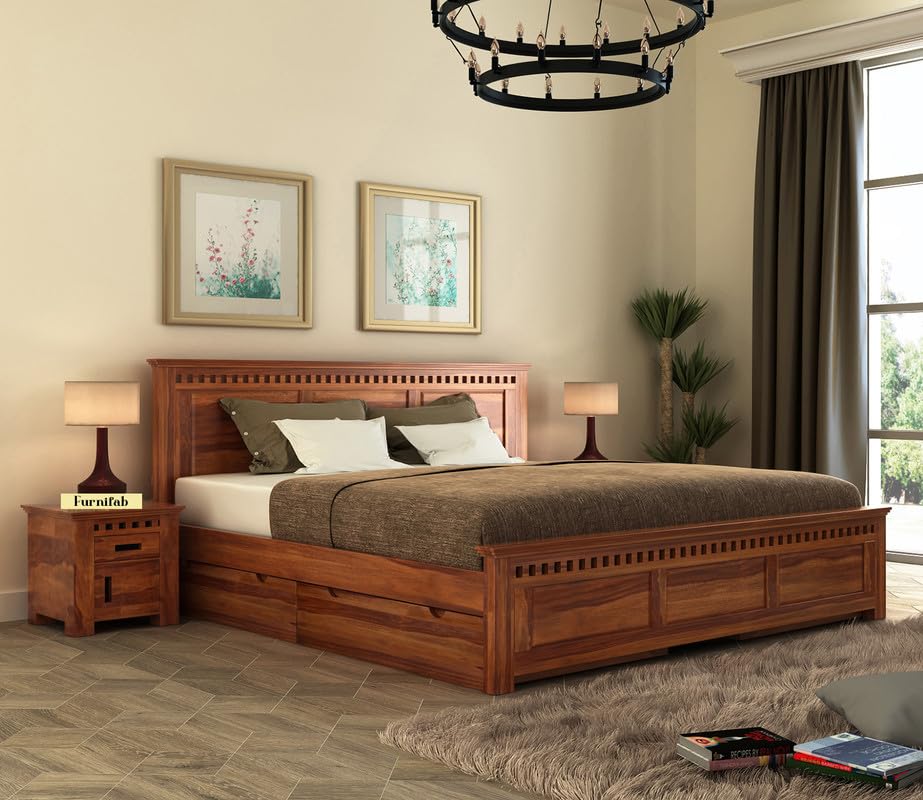 Image of Solid Sheesham Wood Queen Size Bed with Side Drawers Storage and Headboard | Durable Wooden Double Bed Cot Palang Furniture for Bedroom, Living Room, Hotel, Home and Guest Room (Honey Finish)