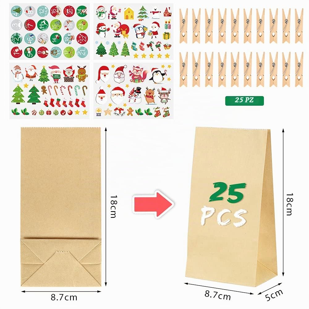 Sprinlot Calendario dell'Avvento, 25 Sacchetti di Carta Kraft con Adesivi Numerici, Calendario dell'Avvento Fai da Te, Avvento Calendario Avvento da Riempire, Calendario di Natale per Bambino