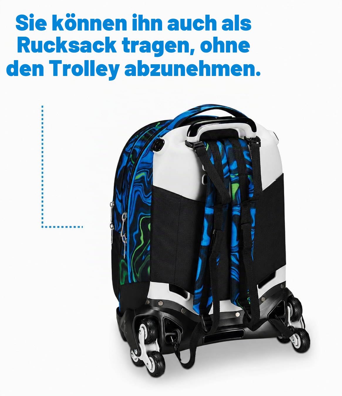 Seven Schulranzen mit Trolley-Funktion, Rucksack mit Rollen, zum Ziehen, für Schule Sport Freizeit, ab 1. Klasse, Detach, 3 in 1, mit Trinkflaschenfach, mit kleinem Rucksack, für Kinder, mehrfarbig