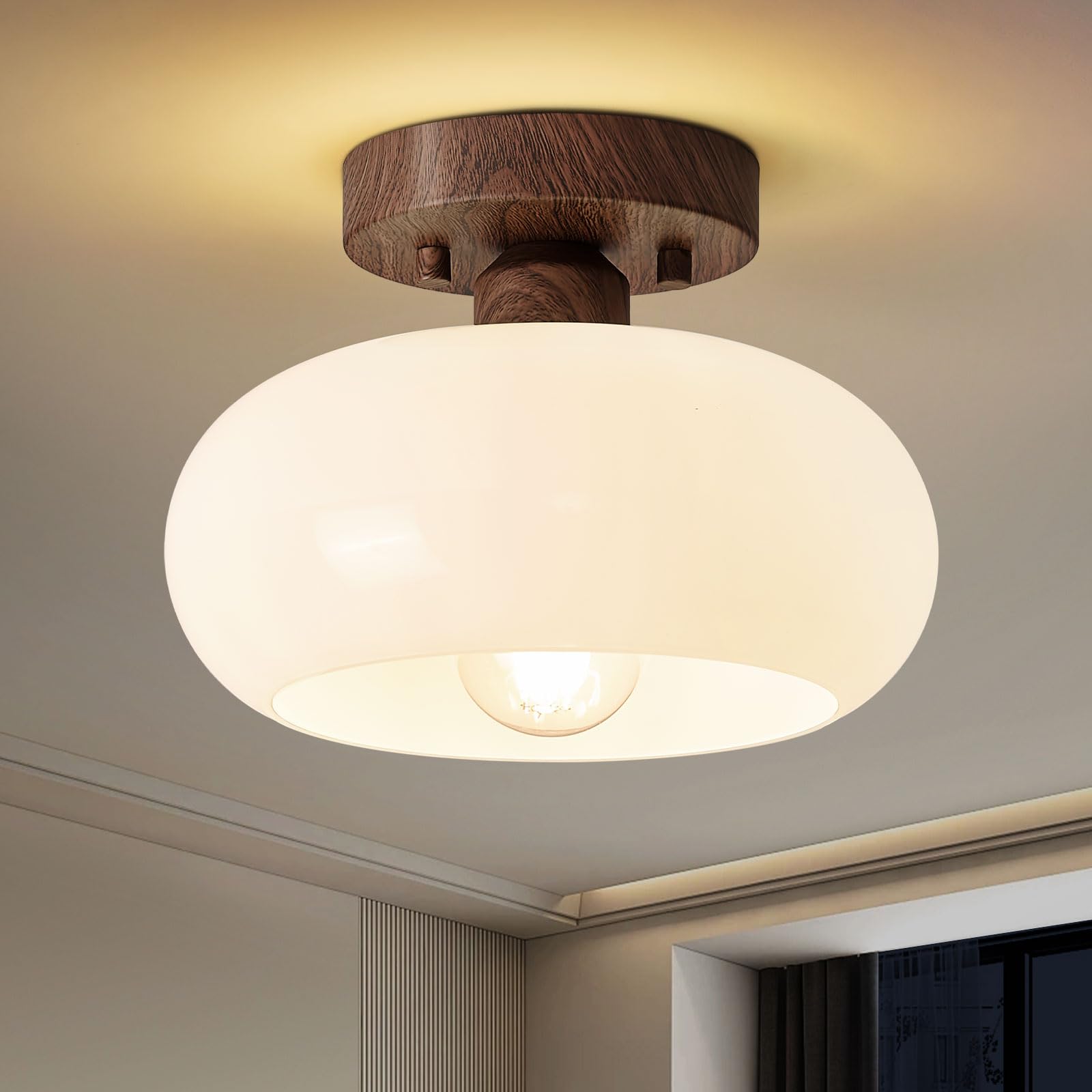 WOKNOS Mid-Century Modern Semi Flush Mount Ceiling Light, Faux Walnut Wood Kitchen Light Fixtures with Glass Shade, Mini White Close to Ceiling Lamp for Entryway Hallway Bathroom (8.66 Inch) โ image 1