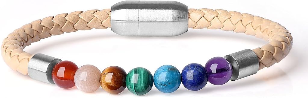 COAI Women's Magnetic Clasp Leather Bracelet 7 Chakra Stone Beaded Bracelet, Nude, 7.5 inches