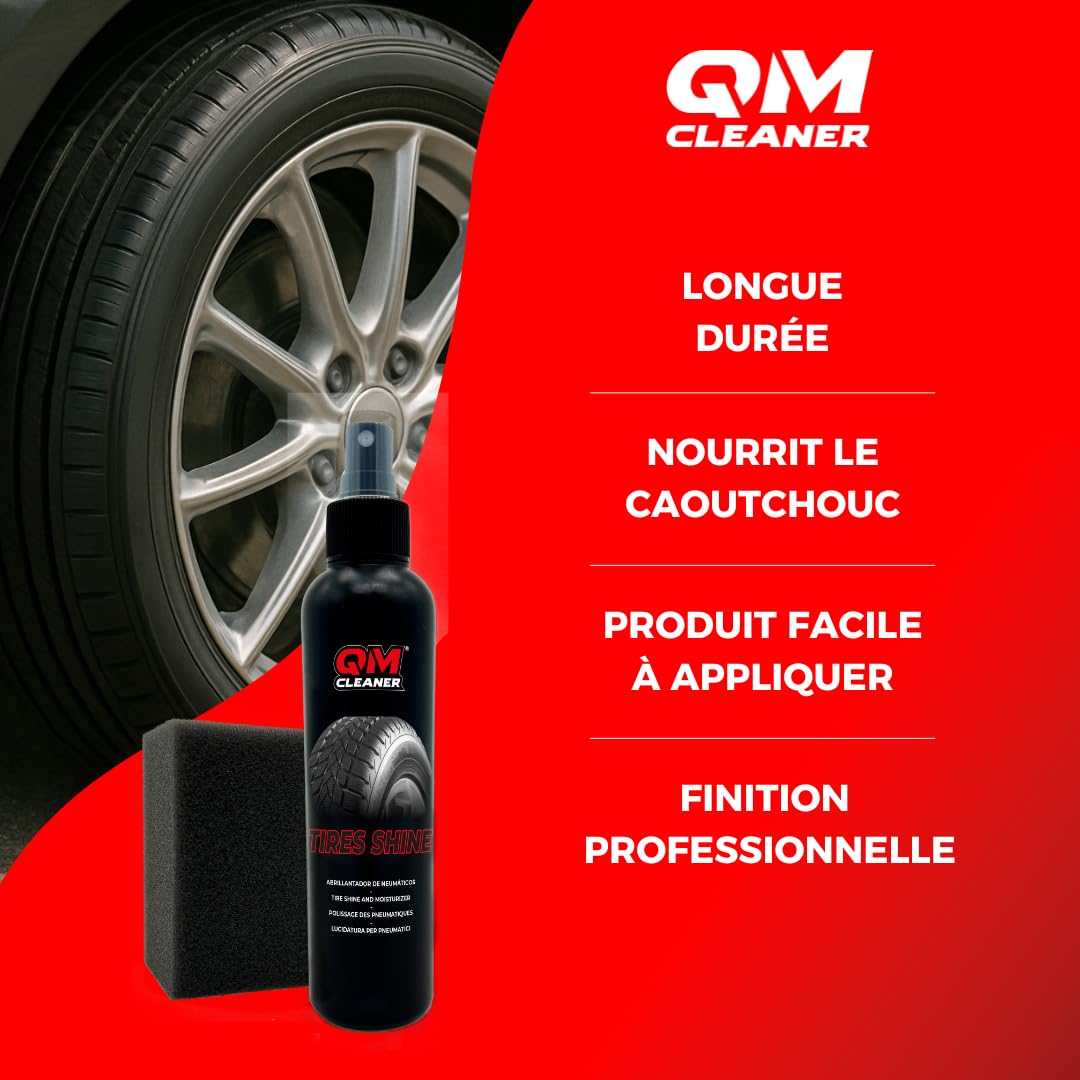 QM Cleaner Kit de Nettoyage et Lustrant pour Jantes et Pneus de Voiture | kit complet pour véhicule Comprend 500ml de Nettoyant pour Jantes, 200ml de Lustrant pour Pneu, une Brosse et une Éponge