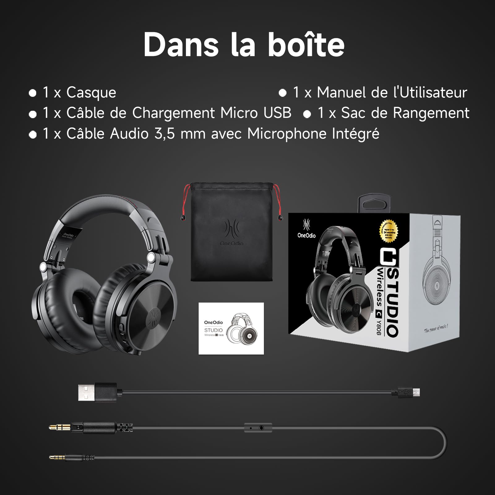 OneOdio ProC Bluetooth Casque sans Fil et Mode Filaire, 110 Heures d'utilisation,Casque Audio avec Micro, Hi-RES Audio, Coussinets en Protéines Douces, Extra Basses, Confortable Léger Pliable Noir