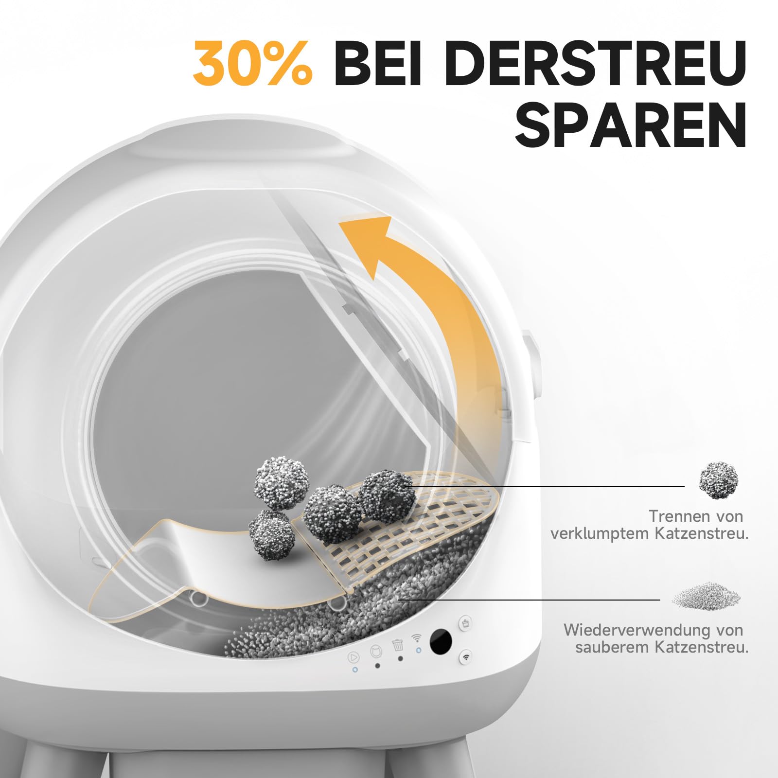 ELS PET Extragroße Selbstreinigende Katzentoilette, Sicherheitsarm, Weiß | App-Steuerung, offenes Design, Sicherheitsarm, 7 Sensoren, Geruchskontrolle, 30 cm Eingang, 18 L Tank, 1,1-8,2 kg, Antihaft