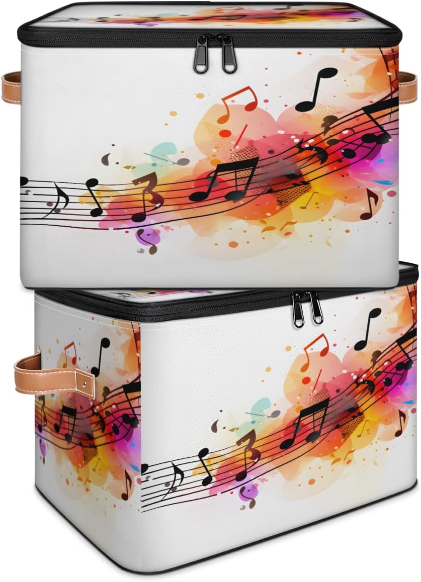 Storage Bin Set of 2 Colorful Music Notes Storage Basket with Zipper Lid & Handle Foldable Closet Shelf 2 Pack Cloth Organizer Basket Cube Bins Clothes Organizer for Bedroom, Nursery