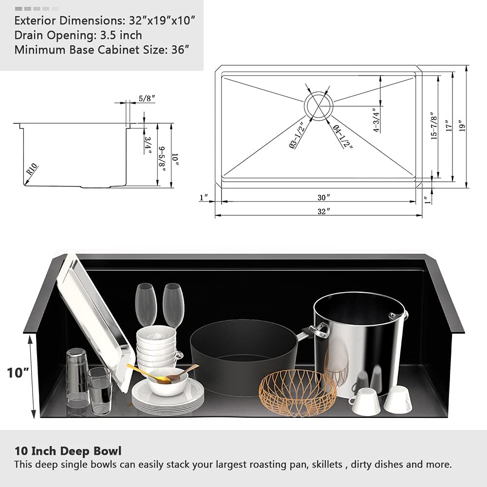 Super Big Clearance! 32 Black Undermount Kitchen Sink - VASOYO 32 Inch Matte Black Stainless Steel Kitchen Sink Undermount Workstation Sink 16 Gauge Gunmmetal 10 Inch Deep Single Bowl Kithchen Sink with Cutting Board