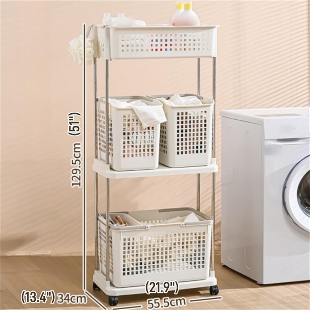 Rolling Laundry Sorter with Metal Frame, 3/5/6 Section Hampers on Wheels, Removable Storage Cart for Dirty Clothes, Includes Side Basket for Easy Organization