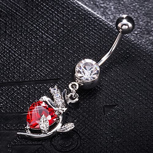 Lenacou Heart Rose Belly Button Rings 14G Surgical Stainless Steel Dangle Navel Barbell Stud Flower Cubic Zirconia Body Piercing #TOP2