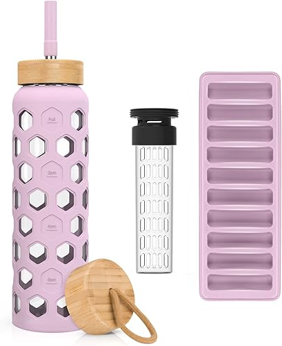 tronco Botella de agua de vidrio de 42 onzas con popote y 2 tapas de bambú, tapa de rosca y tapa con popote, vaso de vidrio reutilizable sin BPA con