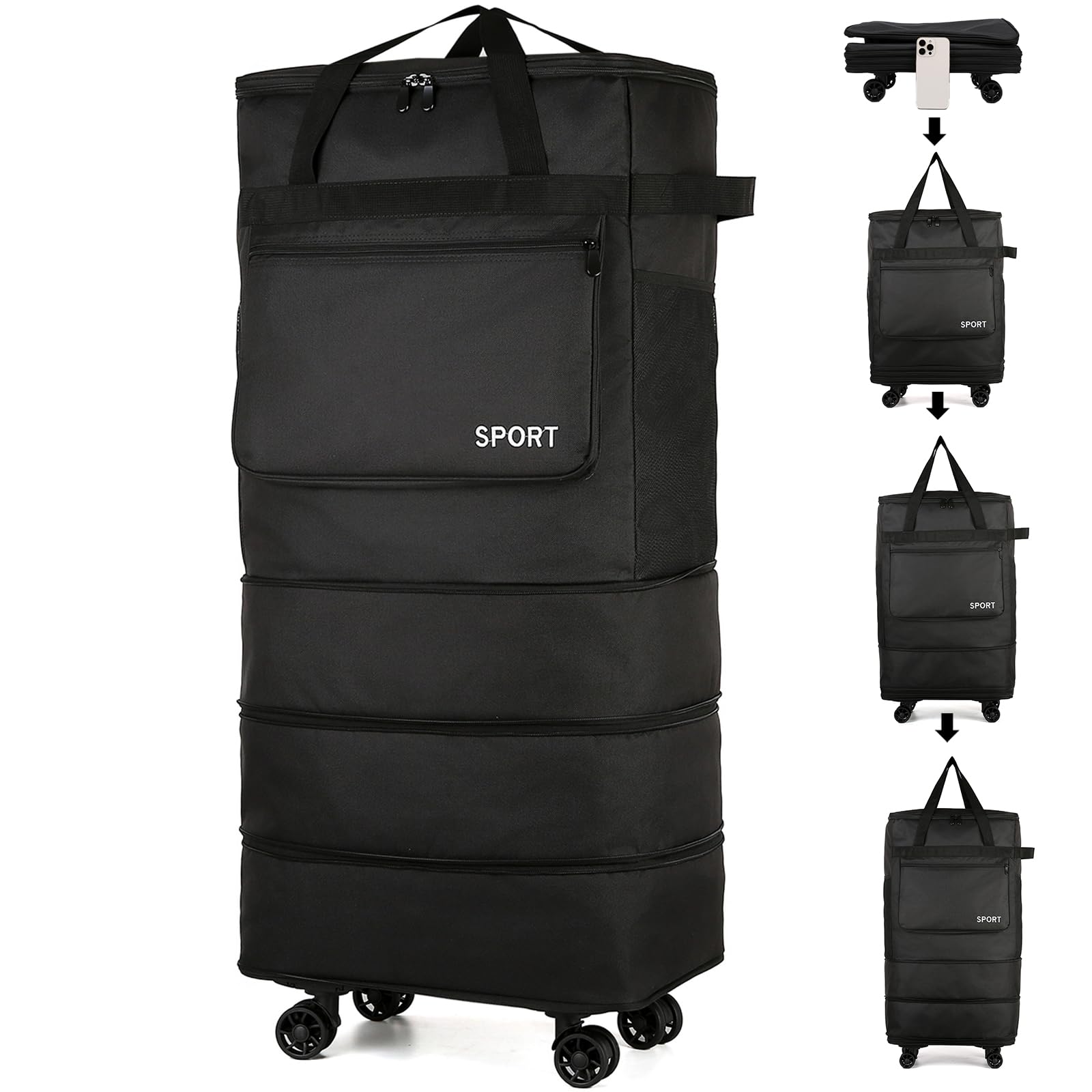 Faltbare Reisetasche Mit Rollen groß, Erweiterbar, Wasserdicht, Zusammenklappbar, Handgepäck Tasche, Reisetasche Mit Rollen und Griff, Schwarz