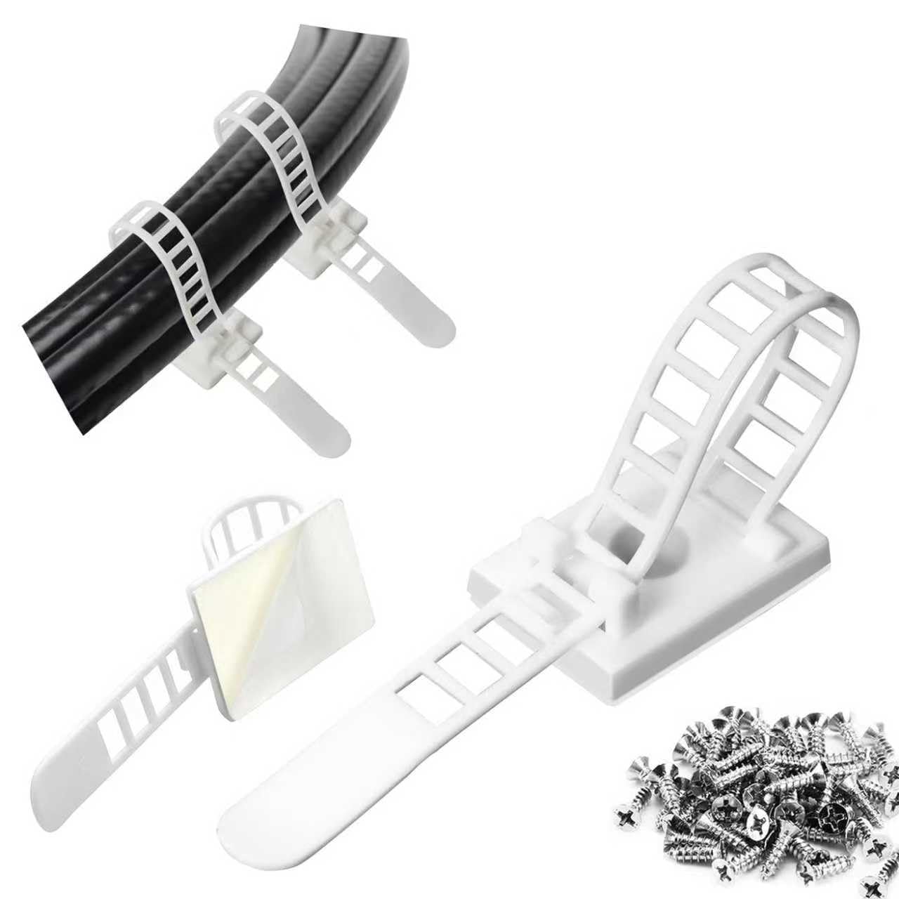 GPtzlei Self Adhesive Cable Clips 25/50/80/100 pcs Black/White with Screws – Cable Tie Base and Holder for Cable Management, Sticky Wall Clips for Desk and Home (50, White)