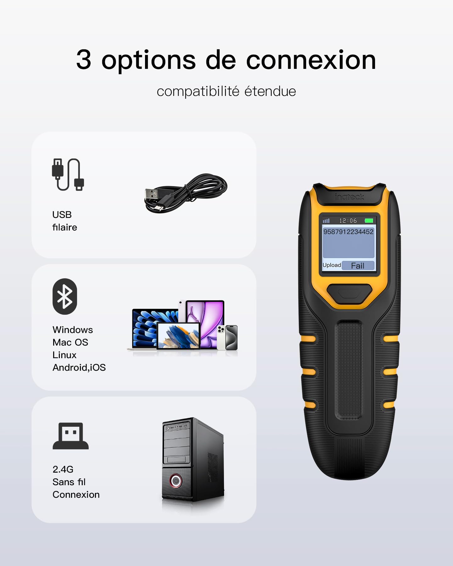 Inateck Lecteur Code Barre sans Fil 2D, Bluetooth QR, 2600 mAh, BCST-47