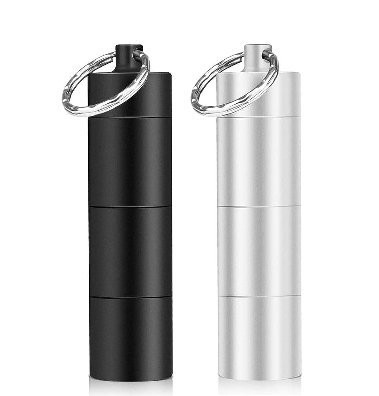 DELFINO Portable Pill Cases DELFINO Metal Pocket Pill Boxes Keychain for Travel 3 Compartment Waterproof Daily Container Holder, Storage for Medication, Supplements, Vitamins and Cod Liver Oil, 2 Pack