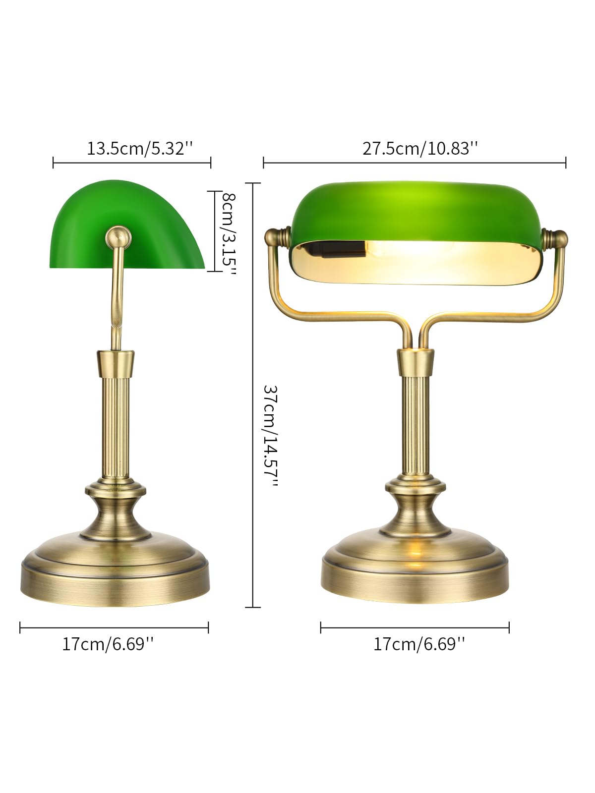 Green Bankers Lampe de bureau, abat-jour en verre réglable, lampe vintage avec interrupteur tactile pour bureau à domicile, lampe piano, ampoule LED 6 W incluse