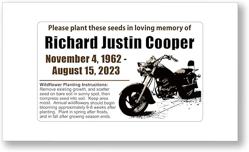 50 paquetes personalizados de semillas funerarias conmemorativas de flores silvestres para motocicleta, recuerdos de celebración de la vida