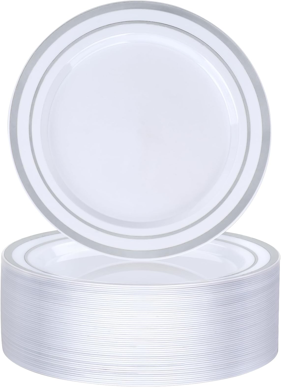 50PCS 7 Inch Silver Plastic Plates, Disposable Salad Dessert Plate with Silver Rim, Heavy Duty Disposable Plastic Plates for Parties, Wedding and Birthday, Events