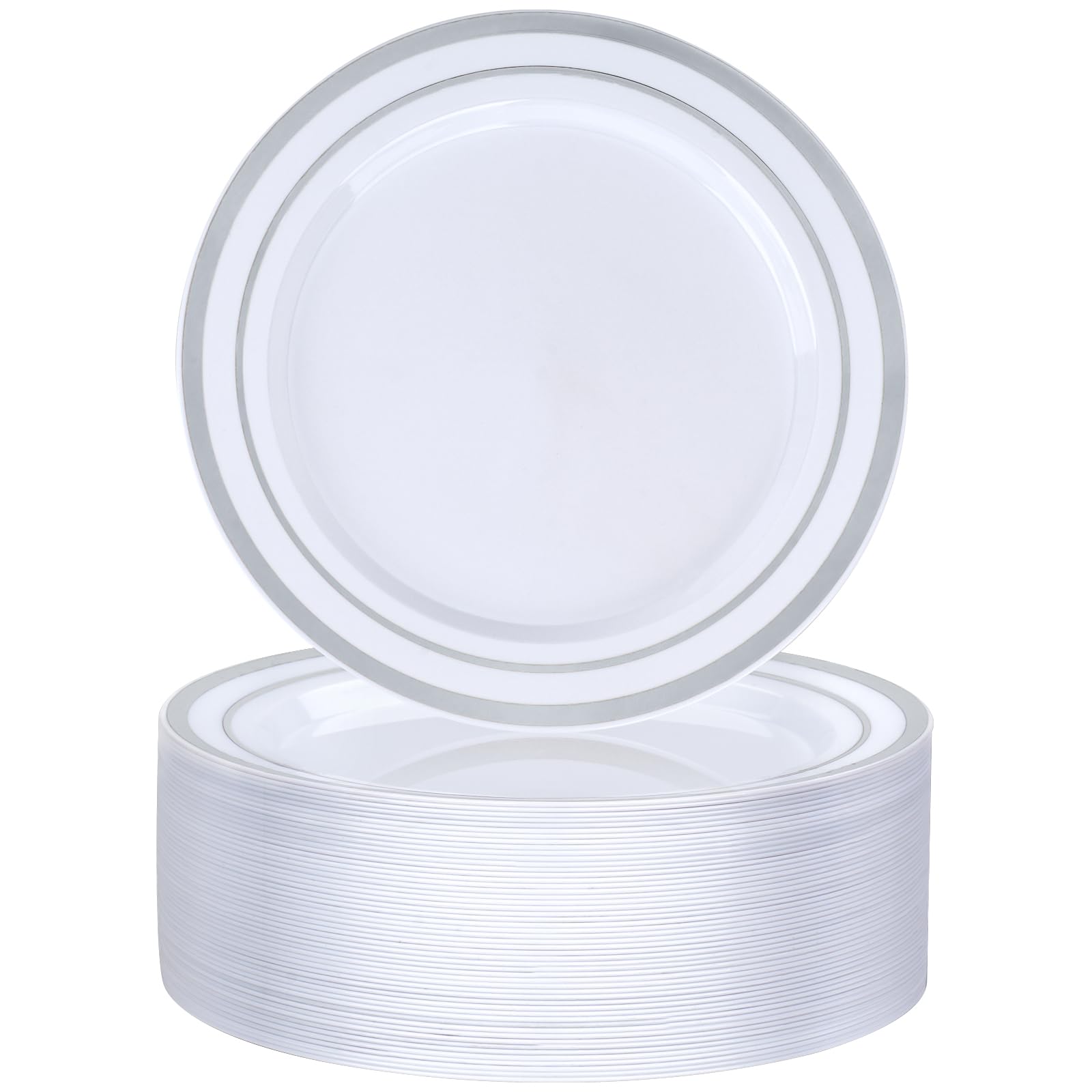BESTVIP 50PCS 7 Inch Silver Plastic Plates, Disposable Salad Dessert Plate with Silver Rim for Christmas, Thanksgiving, Heavy Duty Disposable Plastic Plates for Parties, Wedding and Birthday, Events