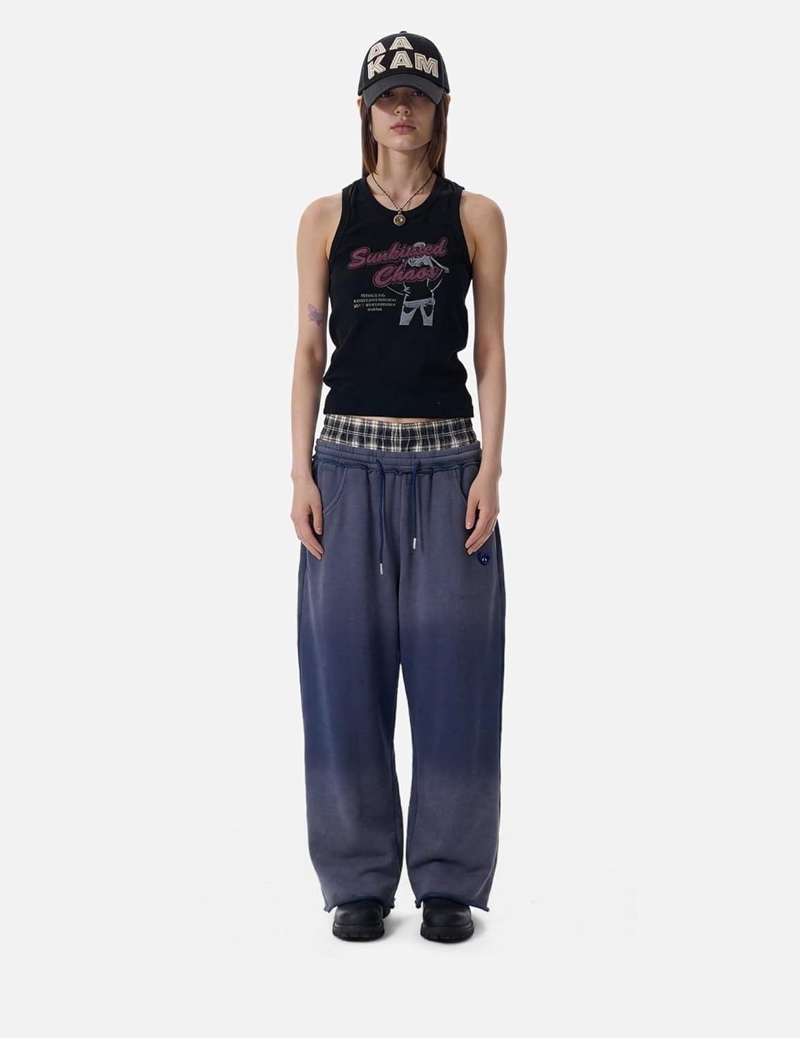 Aelfric Eden Double Waist Washed Baggy Sweatpants Loose Wide Leg Plaid Patchwork Casual Pants with Pockets - Image 3