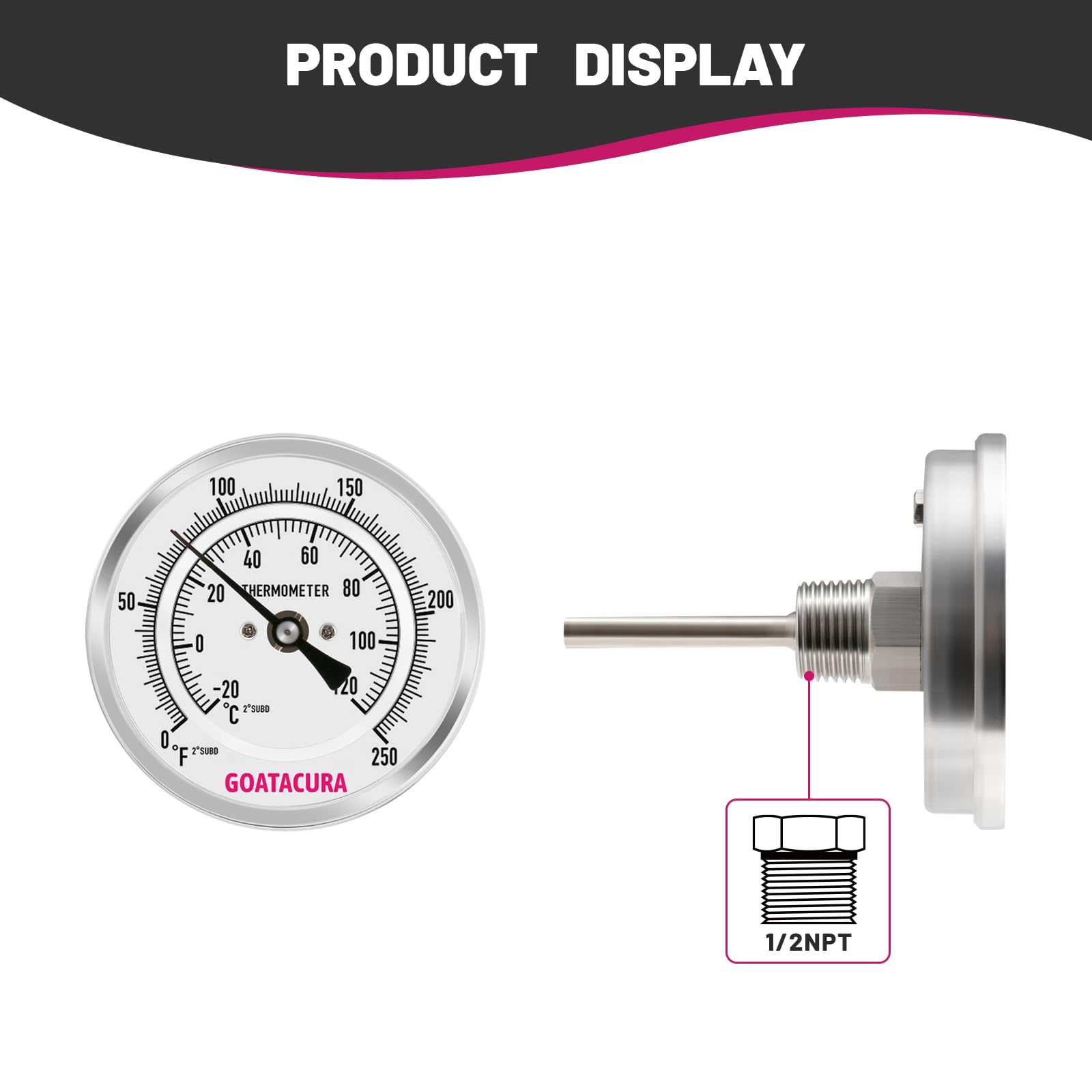 Bimetal Thermometer, Full Stainless Steel, 3" Dial Size, 2-1/2" Stem, 1/2" NPT Back Mount, 0-250 Deg F/-20-120 Deg C, 1% Accuracy — Amazon image 7