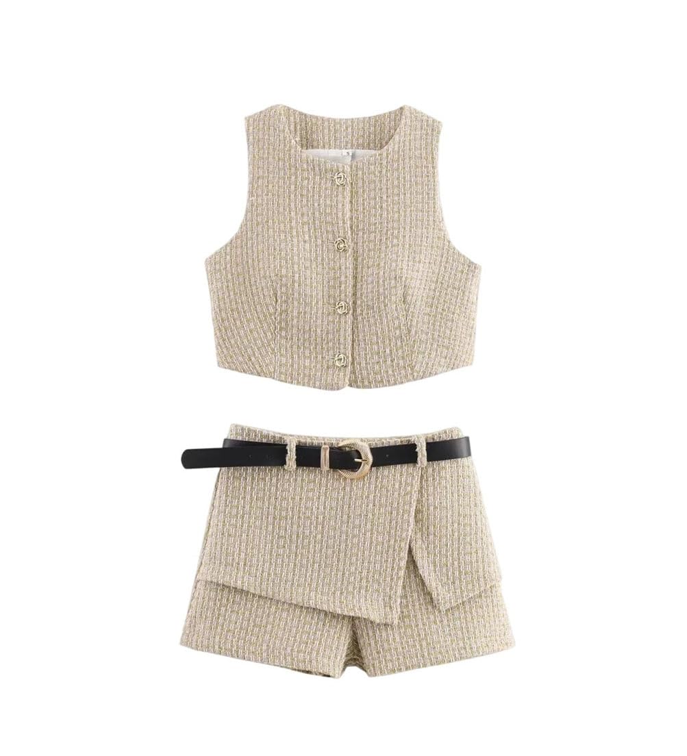 Womens Elegant Texture Sets with Belt Mini Skirts Shorts Short Vest