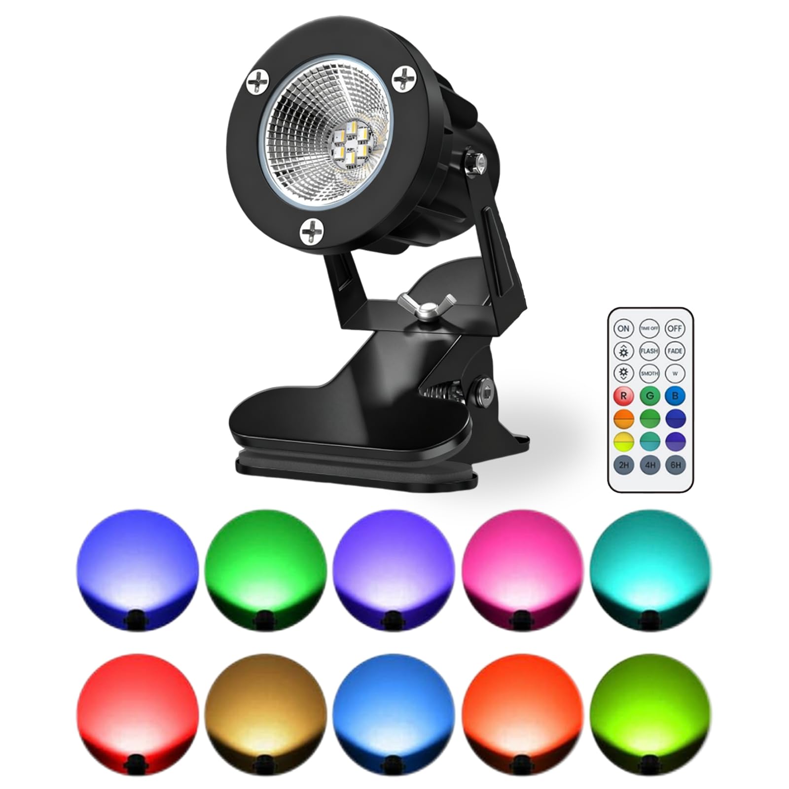 HomiShine LED Clip on Spot Light with Remote Control, 5W RGB Plug in Spot Lights Plant Uplighters for Indoor Outdoor, IP65 Clamp Lamp Garden Spotlight Mains Powered, 1.8M Cord, 15 RGB + Warm White