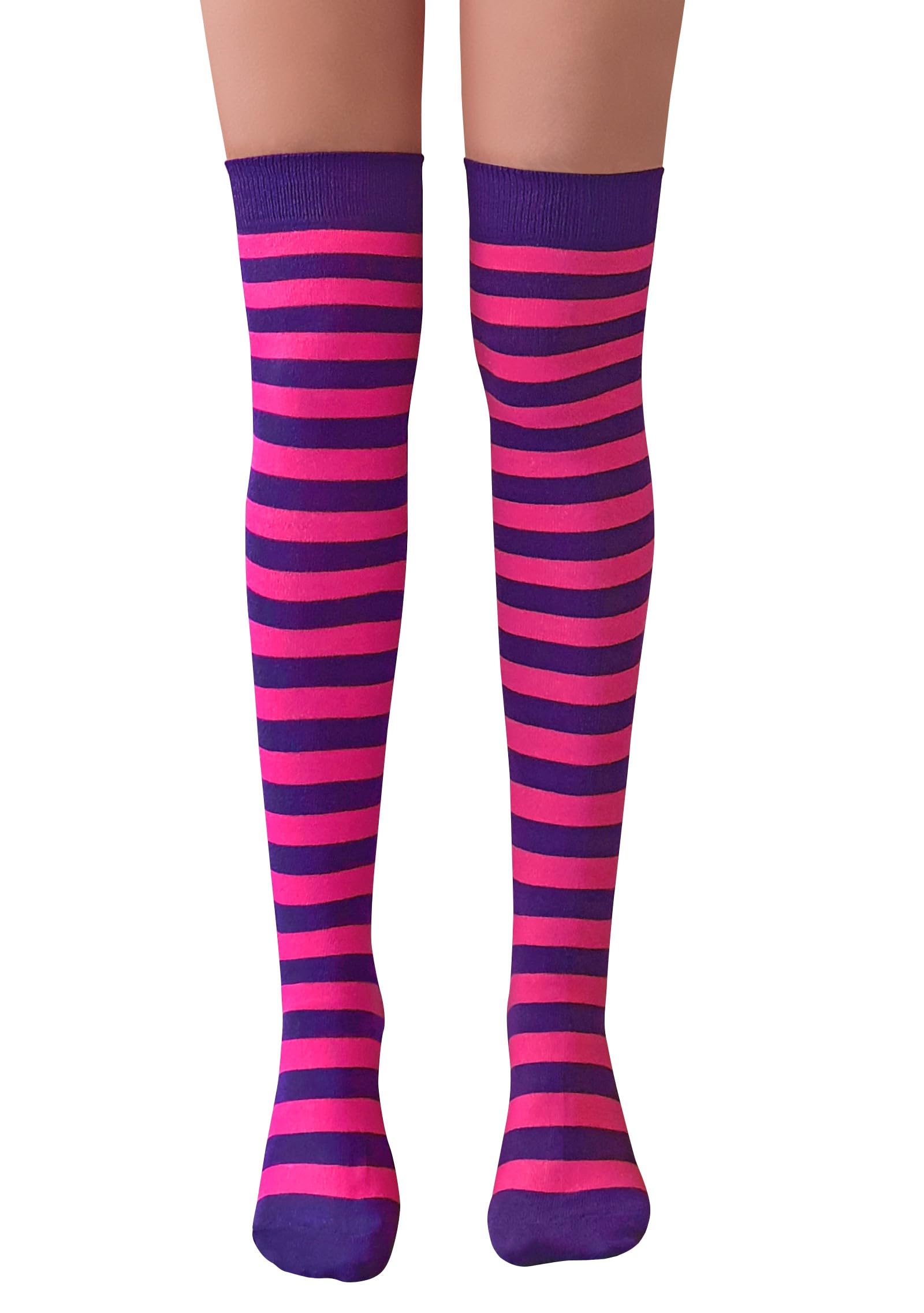 NuJake Striped Over The Knee Socks Fancy Dress Cat Cosplay Girls UK Size 4-5.5 (Cotton Blend, Pink Purple)