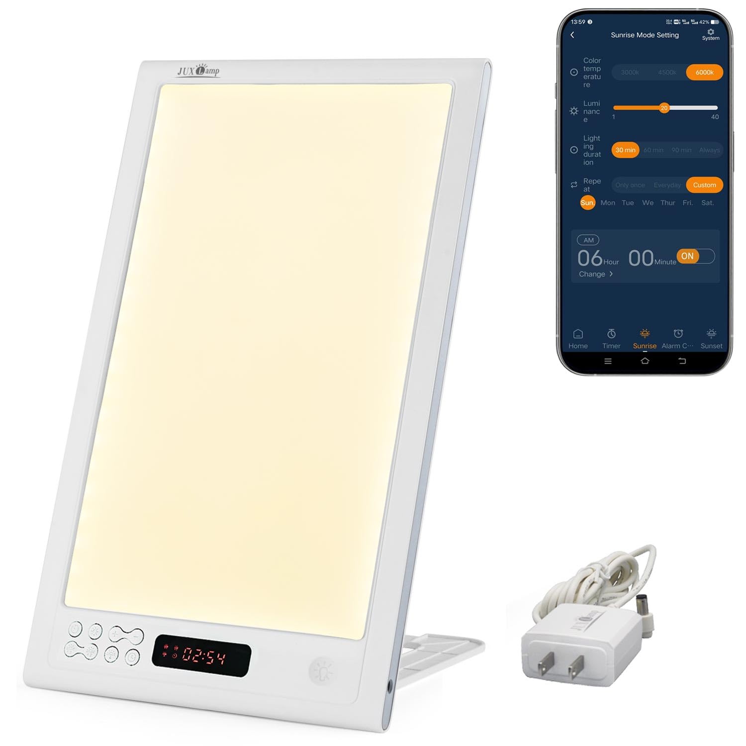 Light Therapy Sunrise Wake-up lamp APP Control Light Alarm Clock UV-Free 3 Color 12000lux Full Spectrum Sun lamp Restorative Strength, Focusing Attention