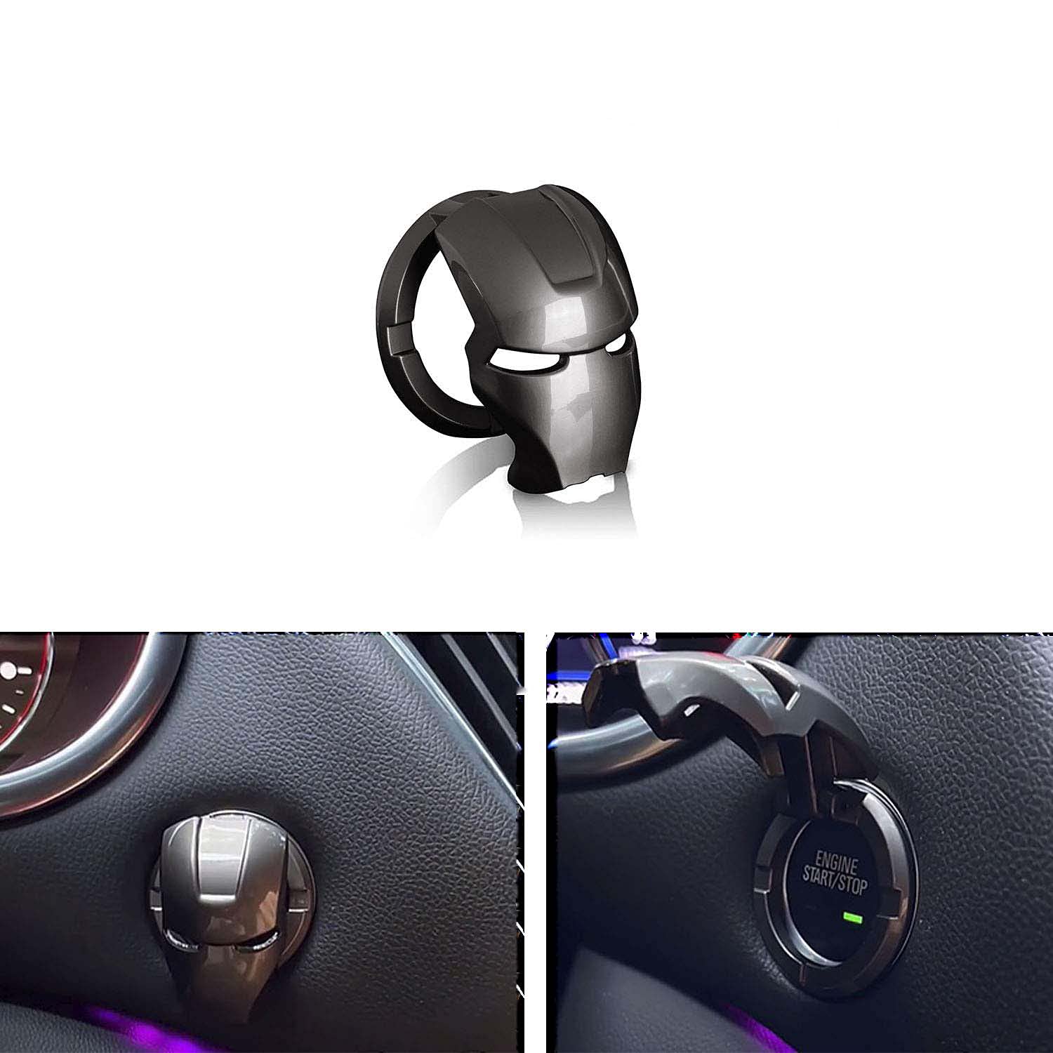 Showay 1pcs Car Engine Start/Stop Button Protection Cover Auto Engine Ignition Start Stop Button Replacement-Start Stop Trim Protector Key Ring Circle Cover 3D Iron Man Car Interior Accessory