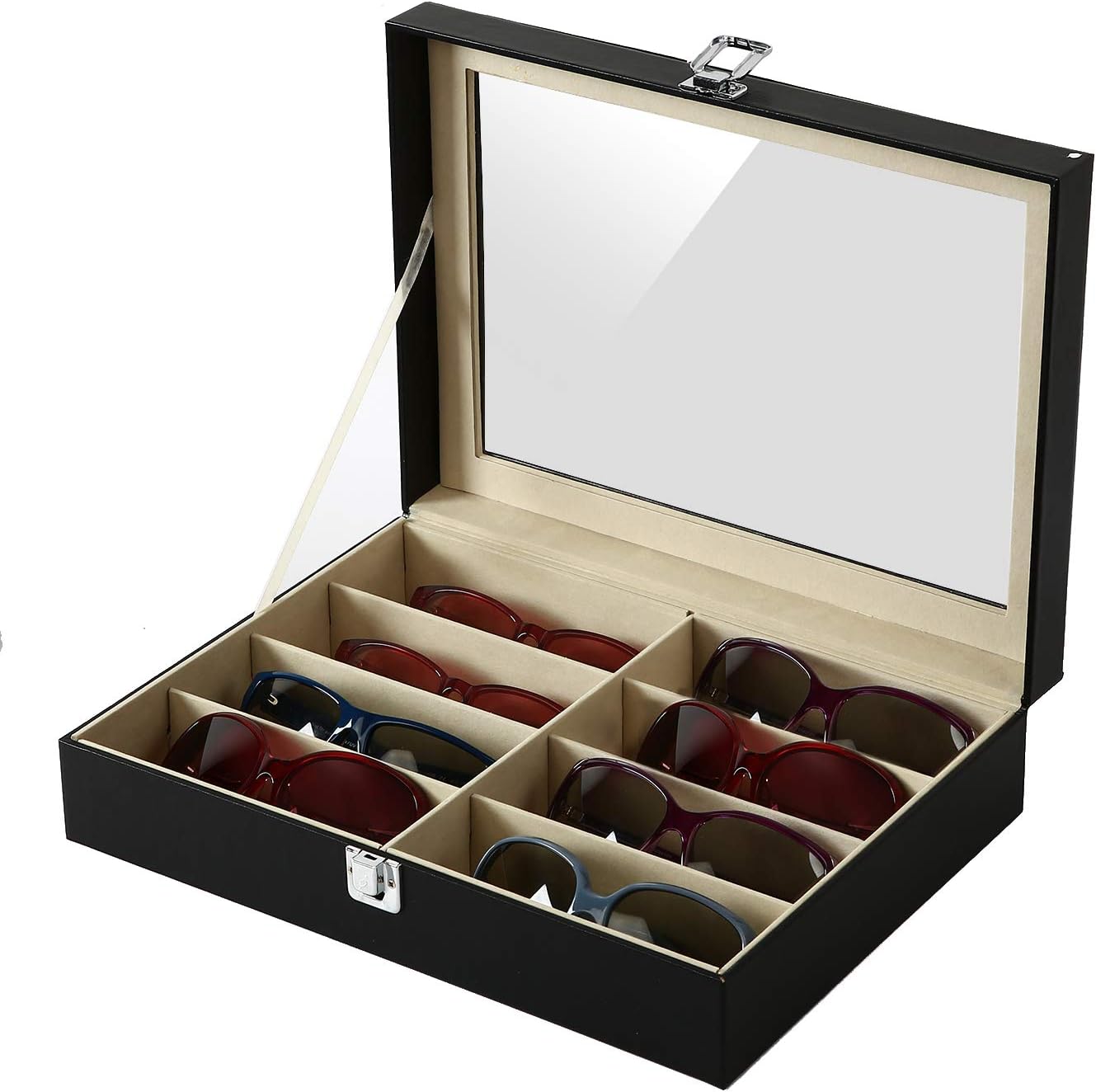 KINJOEKKINJOEK 8 Slot Sunglasses Organizer Storage Drawer Box for Women Men Eyewear Display Case Collector PU Leather, 13.2 x 9.6 x 3.3 Inch, Black, 8 Slot