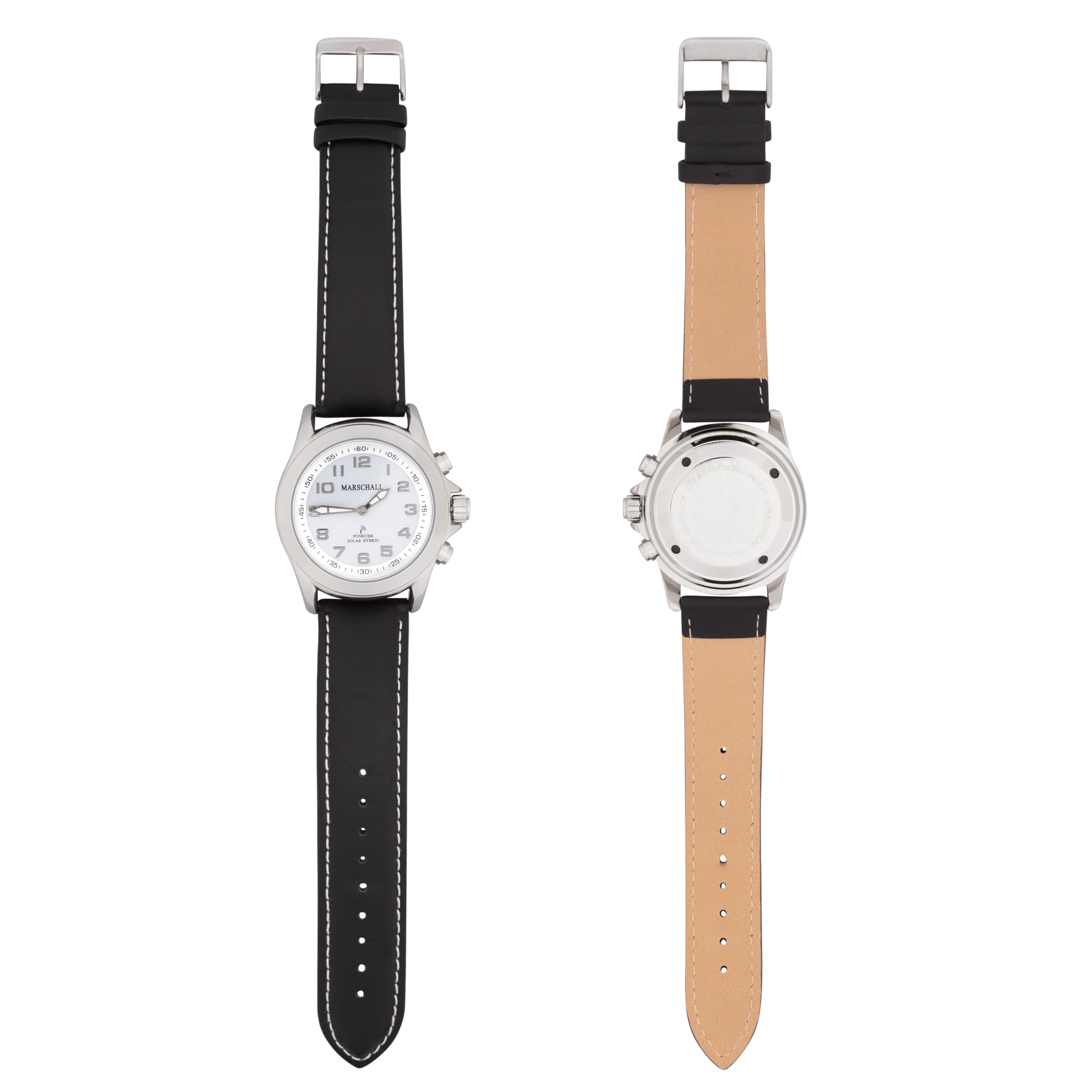 Marschall Deutsch sprechende Herren Funk-Armbanduhr I Mit Solarpanel I 1146wl I Für Blinde, Senioren und Demenzkranke I Datum- und Zeitansage I Schwarzes Lederarmband