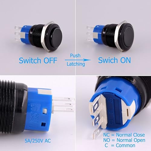 Miniatura 3 de Interruptor de botón con pestillo, URTONE UR193, 1NO1NC SPDT ONOFF 5A 250VAC 30VDC carcasa de metal de aleación de aluminio adecuada para orificio