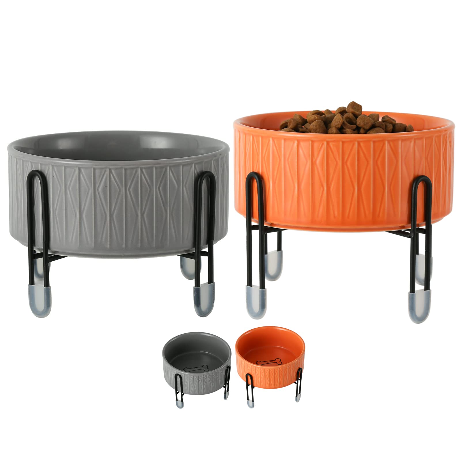 TAMAYKIM 32 oz Ceramic Dog Cat Bowl with Separate Elevated Metal Stand, 3 Adjustable Height 4 Cups Porcelain Round Pet Feeder Food and Water Bowls Set, for Big Cats & Small Medium Dogs, Grey & Orange