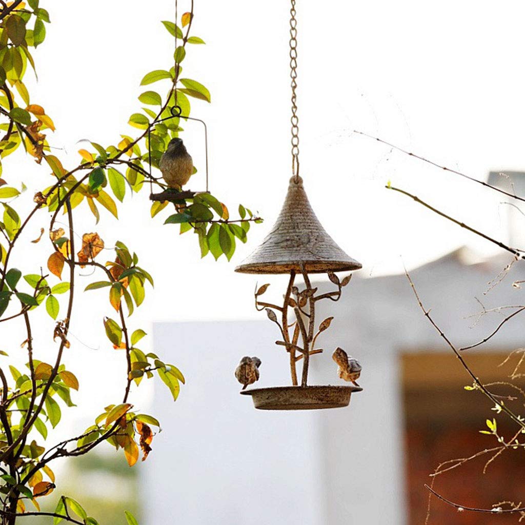 Baño de metal para pájaros con cadena colgante y dos pájaros decorativos para pájaros silvestres al aire libre, comedero para patios, comederos