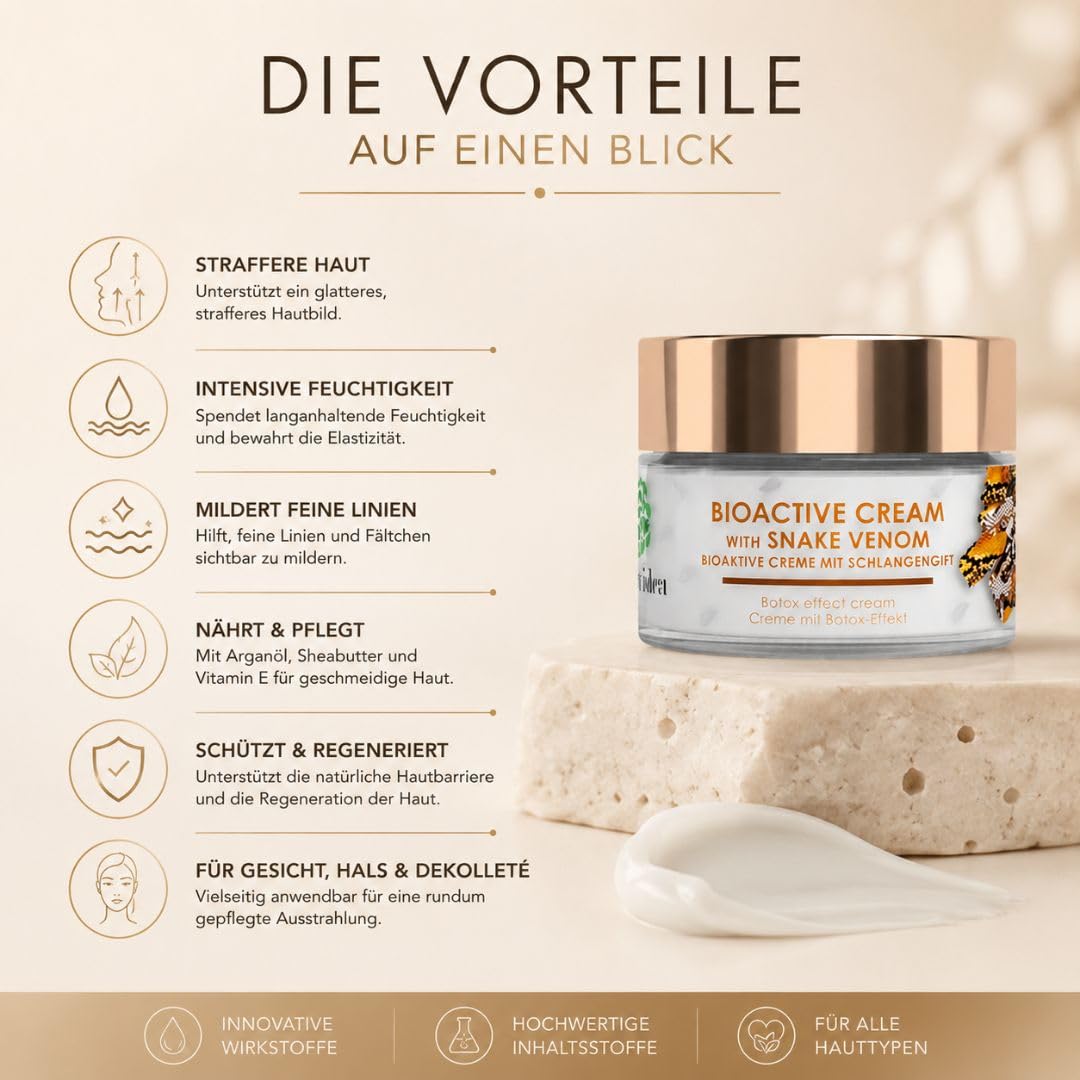 Green idea Schlangengift Gesichtscreme mit Hyaluron & Arganöl – Peptide Creme Straffende Anti Aging für reife Haut – Feuchtigkeitsspendende Gesichtspflege - Gesicht, Hals & Dekolleté – 50 ml