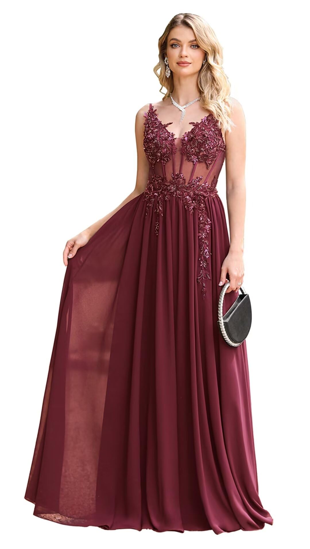 Misshow Luxuriöses Abendkleid für Zeremonie, lang, Pailletten, Perlen, mit Applikationen aus floralem Chiffon