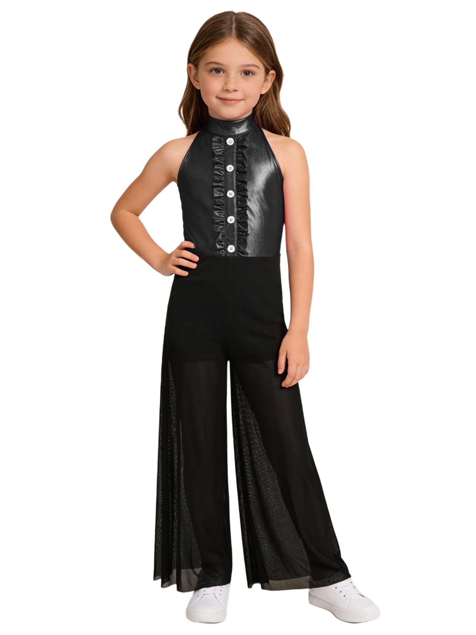 inlzdz Kids Girls Hip Hop Dance Outfits Retro 70s 80s Rock Disco Costume Flowy Mesh Overlay Pants Romper Black 5-6 Years โ image 1
