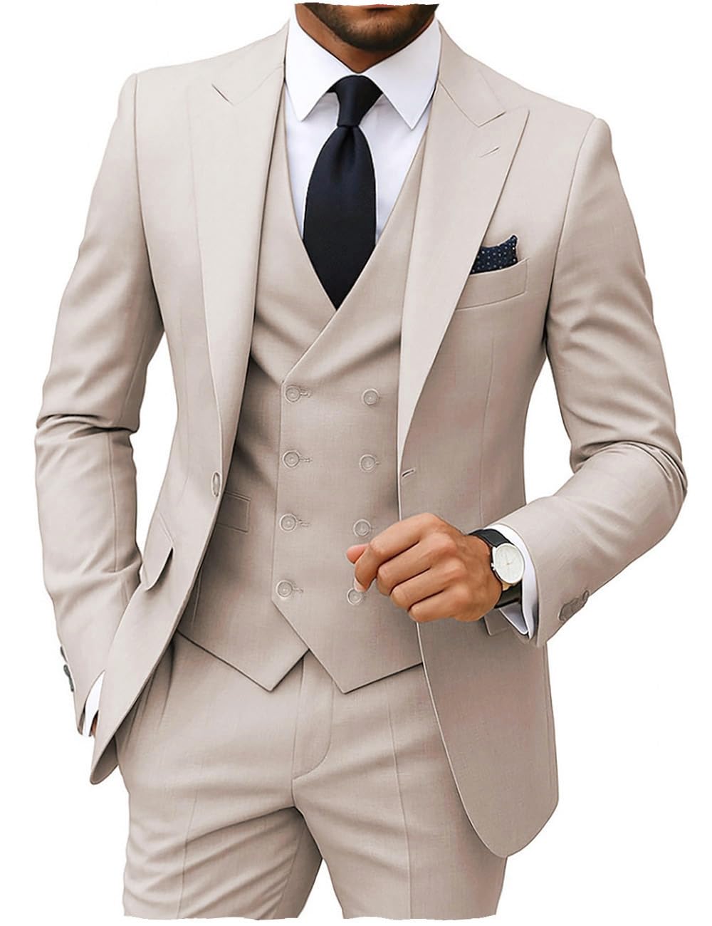 MoranX Men's Suits Regular Fit 3 Pieces Double Breasted Formal Business Tuxedos Blazer Vest Pants for Wedding Grooms